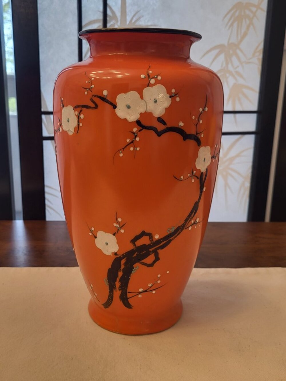 Vintage Japanese MCM Orange Vase w/ Hand Painted White Blossoms